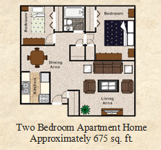 floor plan of the two bedroom apartment home at two apartment home approximate 670 sq ft
